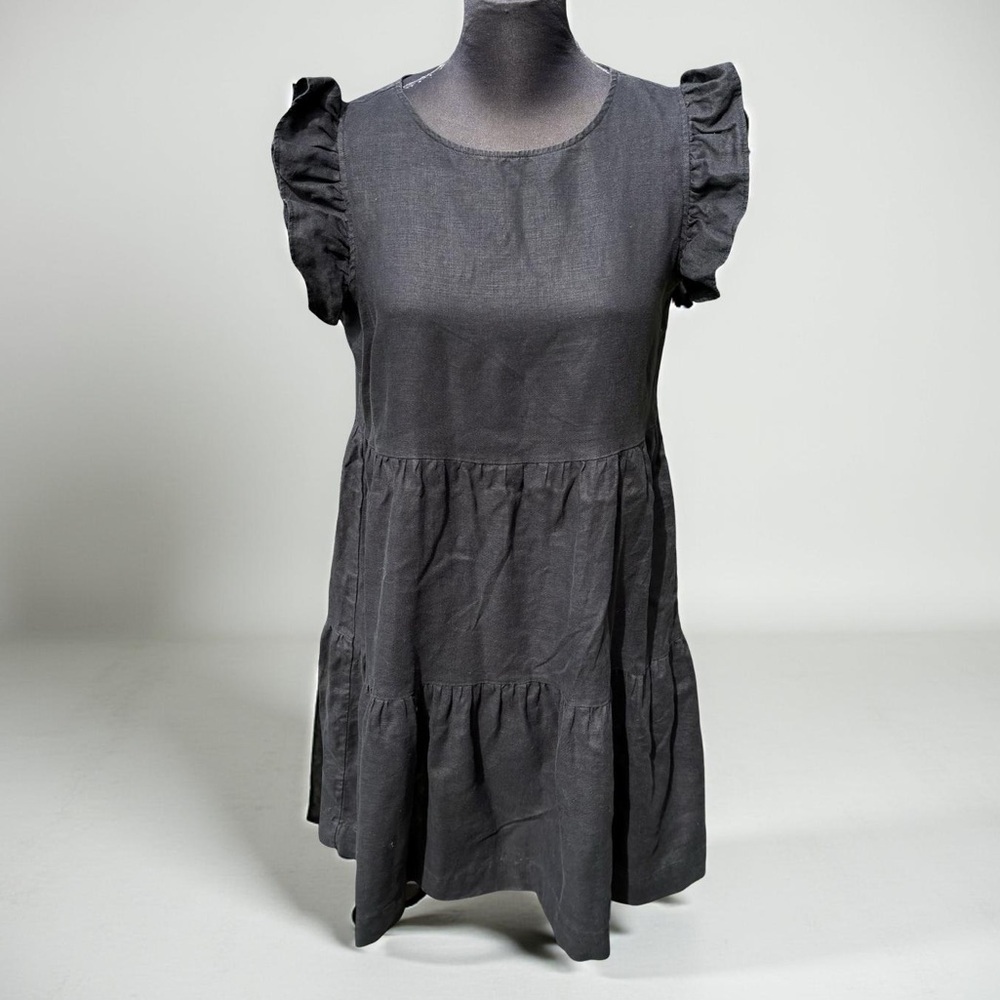 Saks Fifth Avenue Black Ruffle Sun Dress 100% Linen Medium